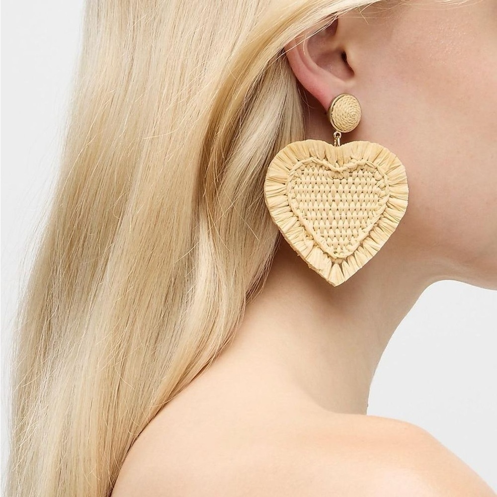 J Crew Womens Oversized Heart Basketweave Raffia Goldtone Brass Earrings